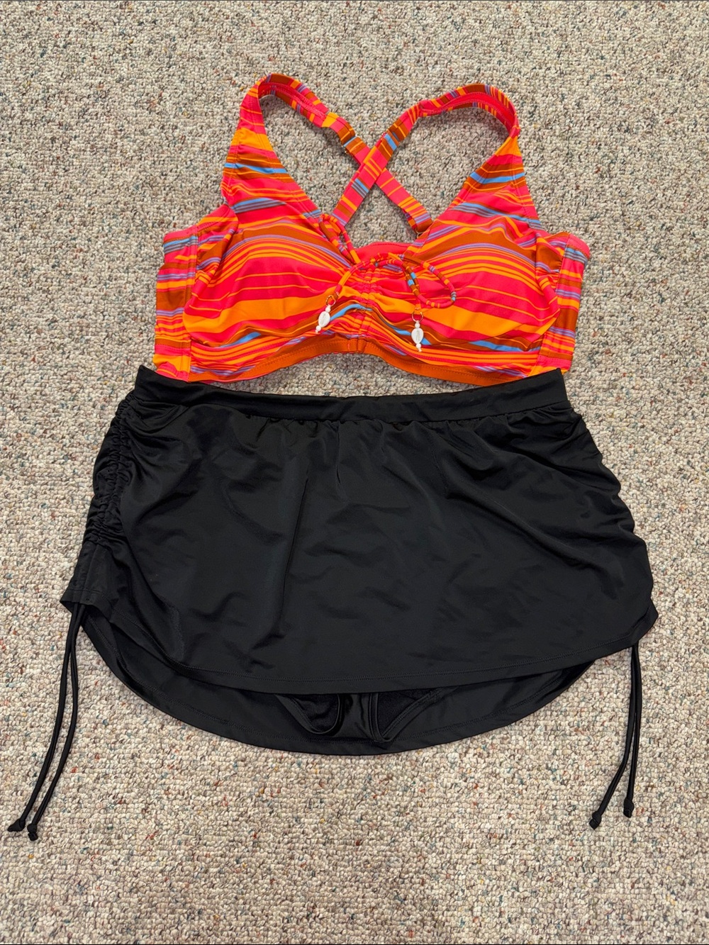 Striped Orange & Pink Cross-Back Bikini Top with Black Skirted Bottom